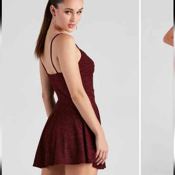 Windsor Burgundy Glitter Mini Dress with Spaghetti Straps And Key Hole Cutout - Picture 3 of 10